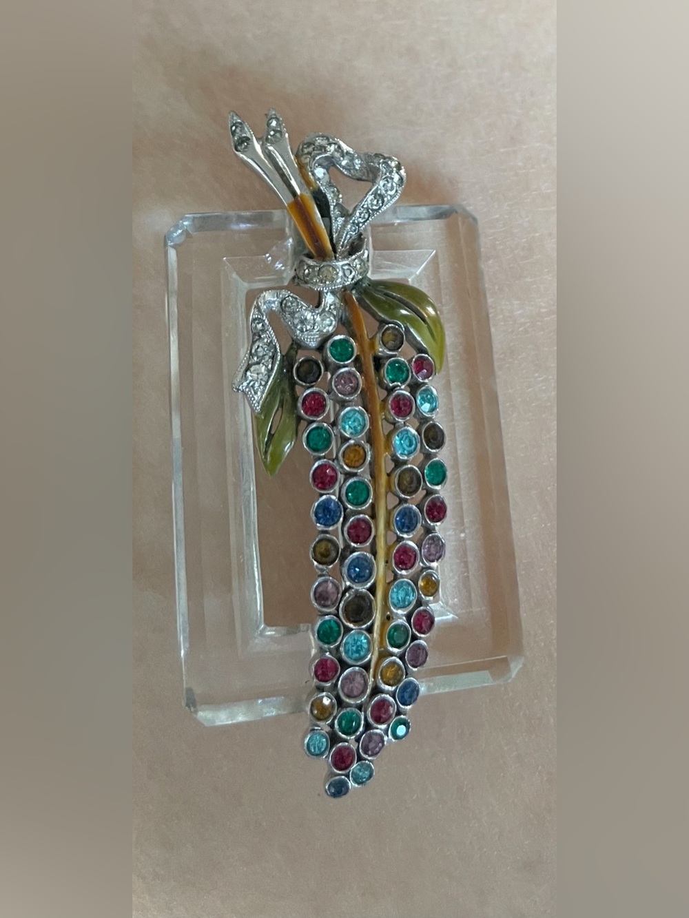 1930-1940’s Art Deco Retro Floral Bouquet Multicolor Crystal Drop Brooch Signed